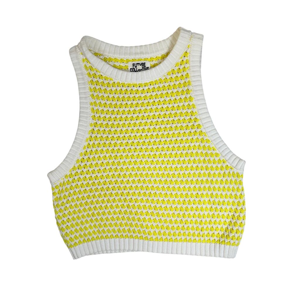 Future Collective Alani Noelle Knit Top Womens S Yellow White Crop Sweater Vest